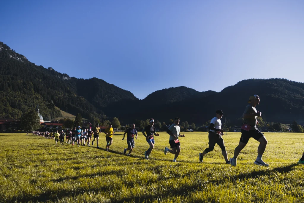 Eine lange Laufgruppe zieht über eine sonnige Wiese vor bewaldeten Bergen.