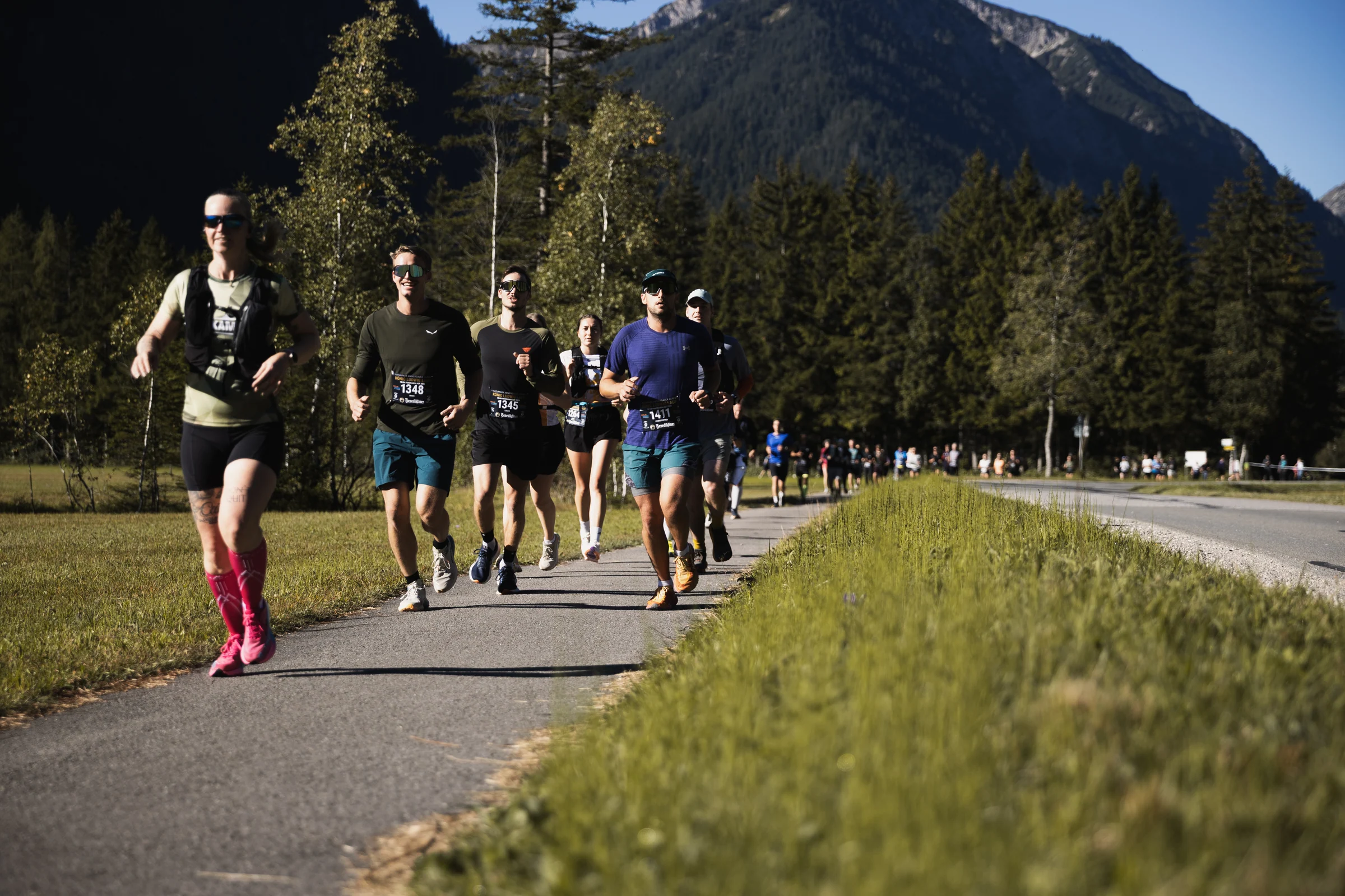 Eine Laufgruppe läuft auf einem Weg neben grünen Wiesen vor einer Bergkulisse.